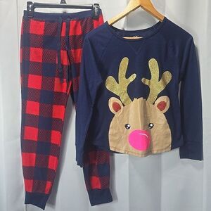 Justice Girls 12 2pc Pajama Set Reindeer LS Shirt Flannel Pants Navy Red Checker